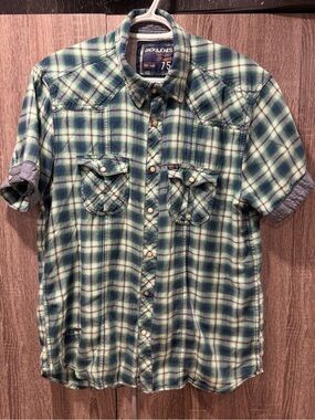 Jack & Jones Green and White Plaid Short-Sleeve Button-Down Shirt